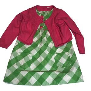Carters Outfit Green Gingham Print Sundress Hot Pink Long Sweater Girls Size 4